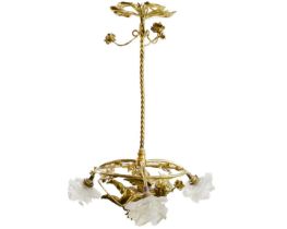 A Victorian gilt metal cherub pendant triple branch electrolier.