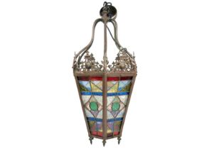 A Victorian hexagonal stained glass hall lantern.