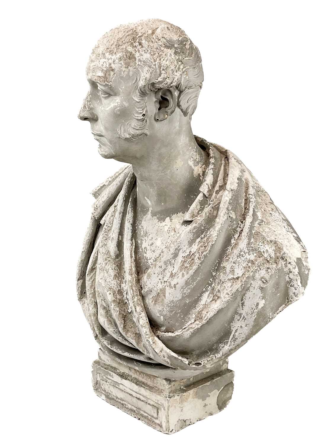 A 19th century weathered plaster bust of a gentleman wearing classical robes. The property of Peter - Image 3 of 5