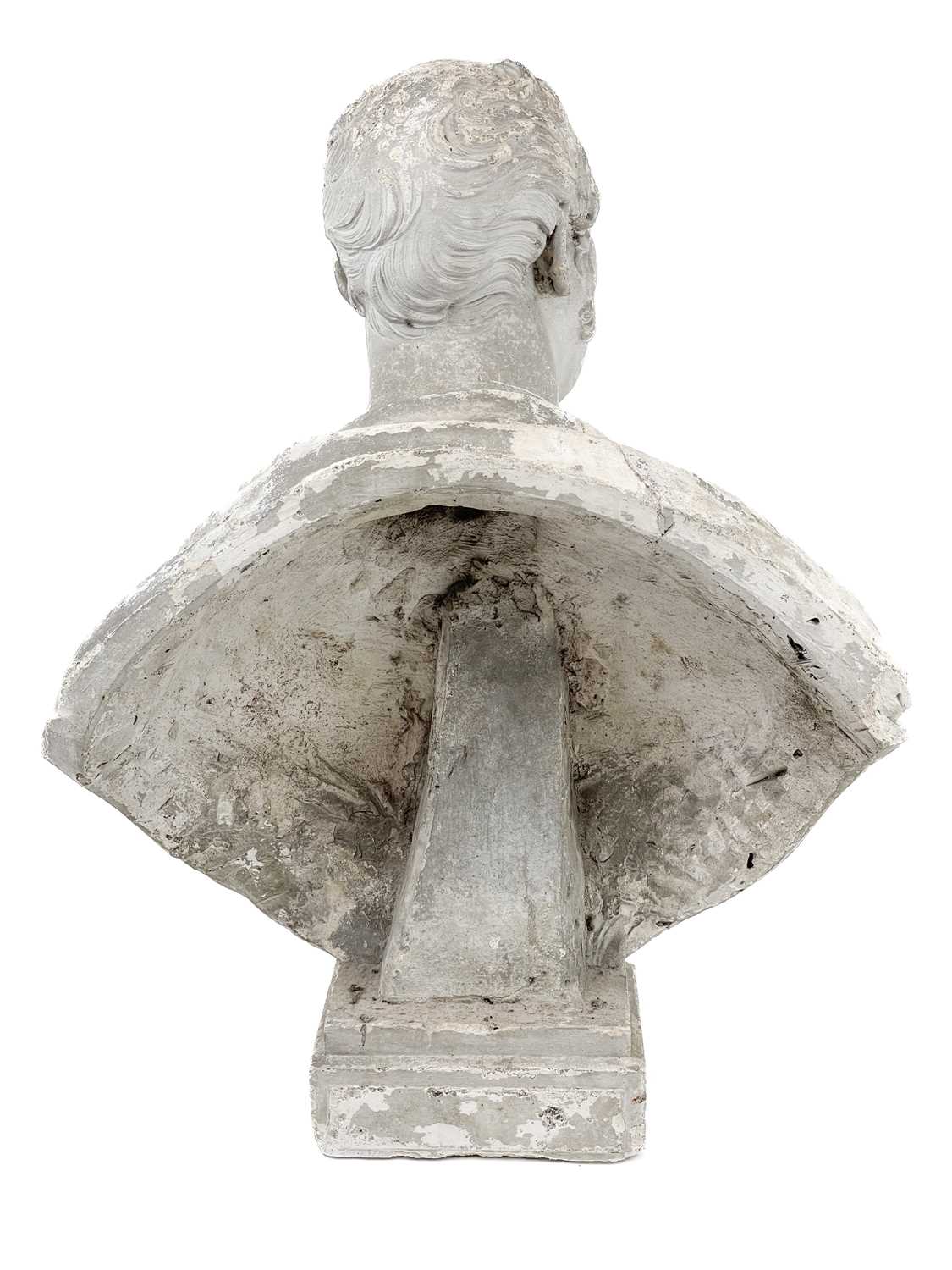 A 19th century weathered plaster bust of a gentleman wearing classical robes. The property of Peter - Image 4 of 5
