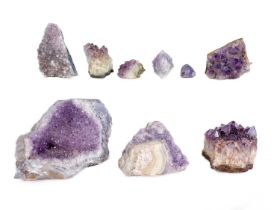 A collection of nine amethyst mineral specimens.