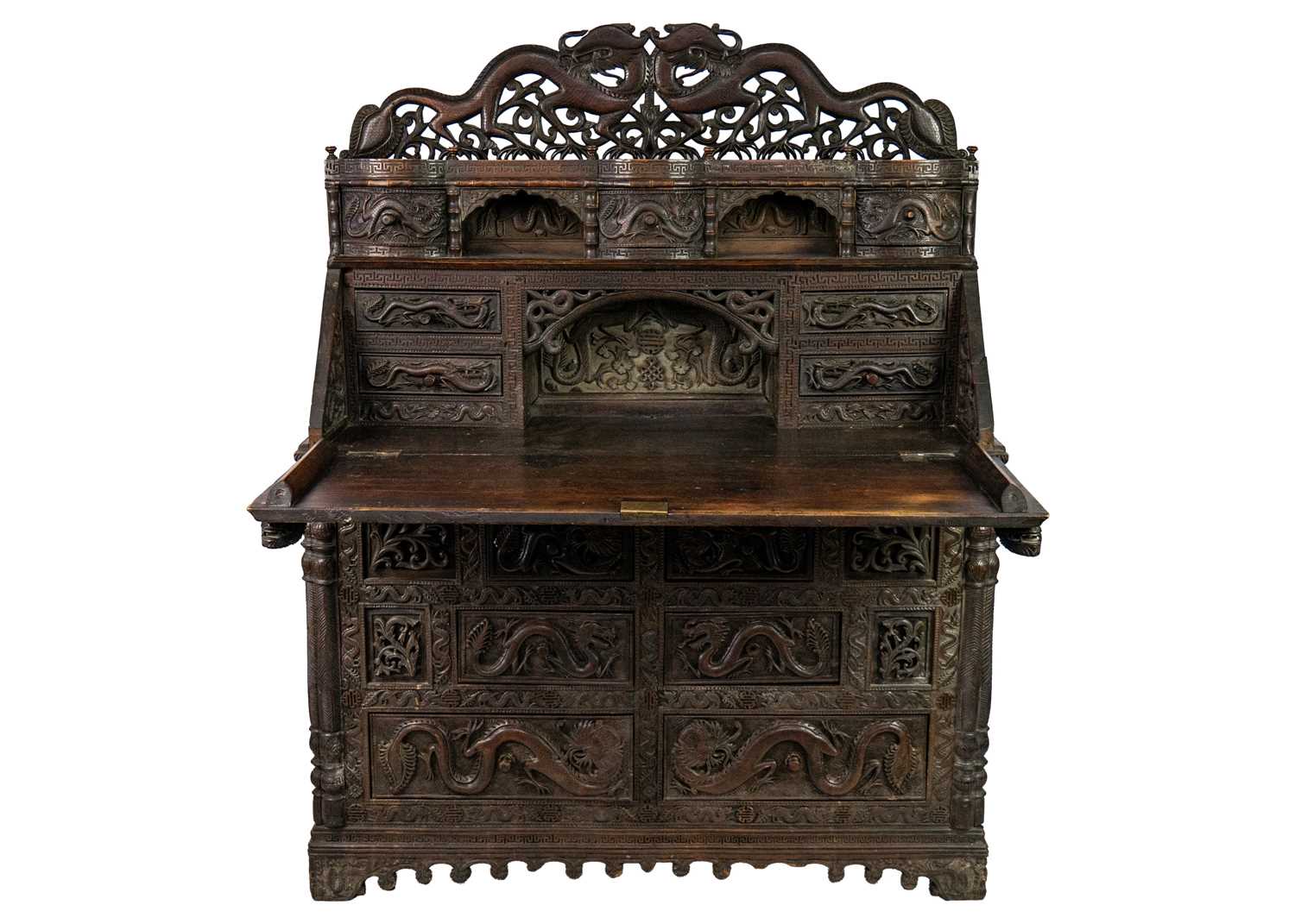 A Chinese carved hardwood bureau, Qing Dynasty, 19th century. - Image 2 of 5