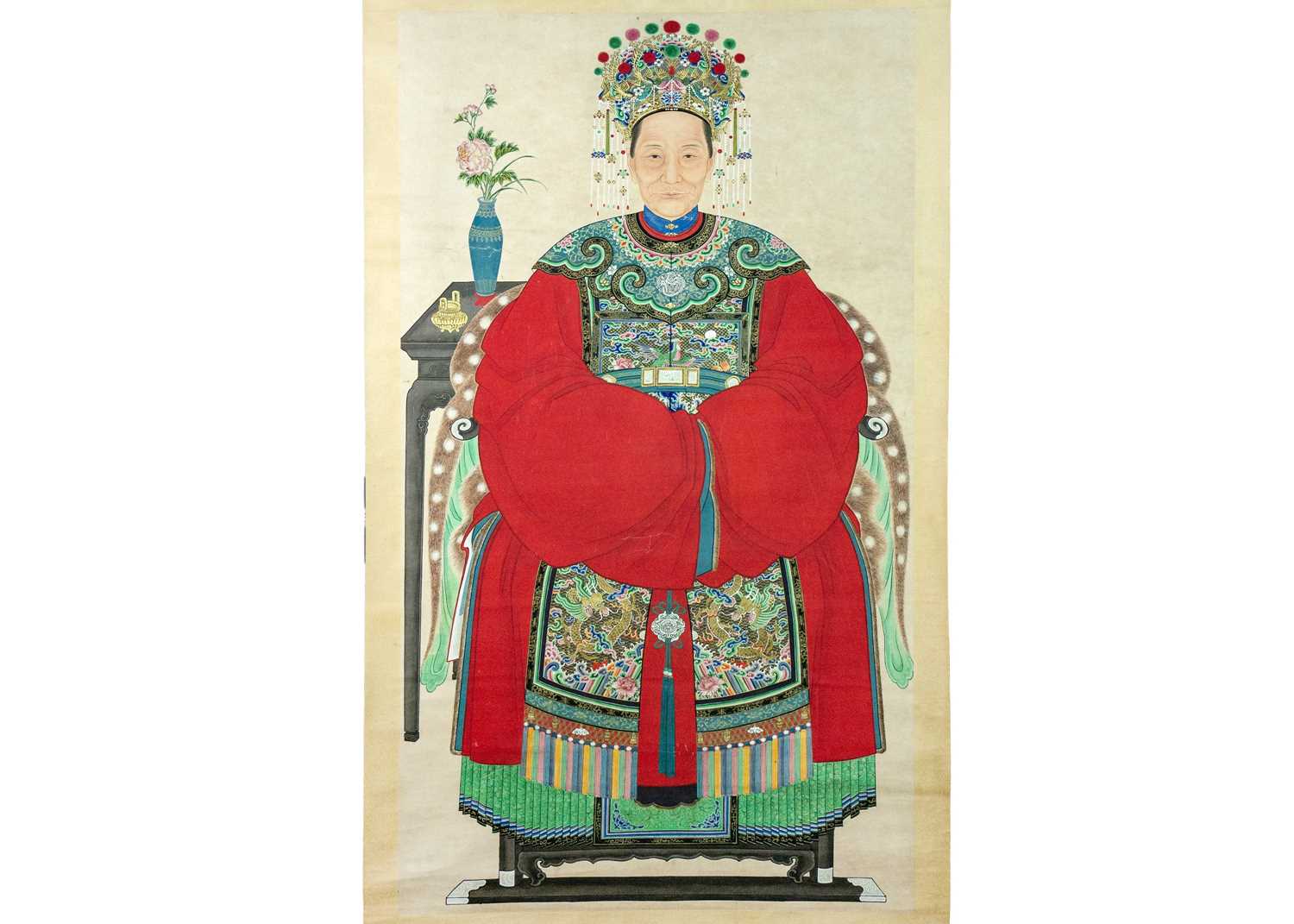A large pair of Chinese ancestor portrait scroll paintings, late 19th/early 20th century. - Image 4 of 4