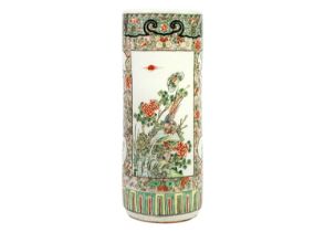 A Chinese famille verte cylindrical stick stand, circa 1900.