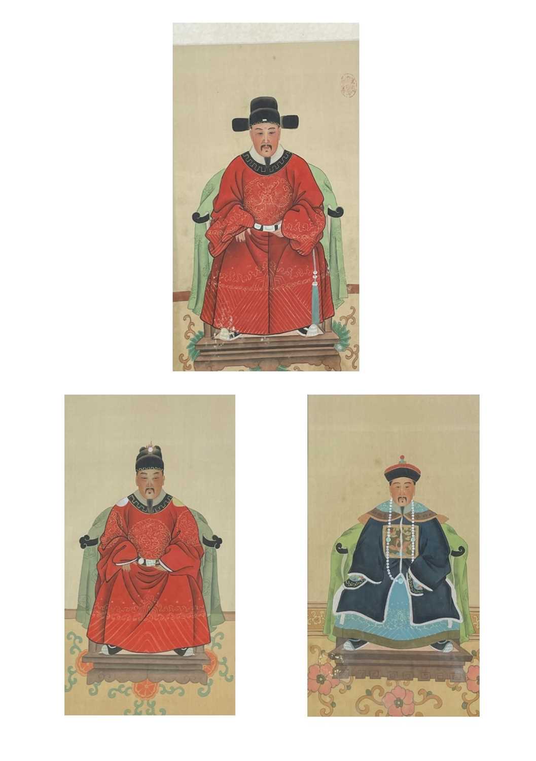 Three Chinese ancestor portrait paintings on silk.