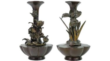 A pair of Japanese bronze bud vases, Meiji period.