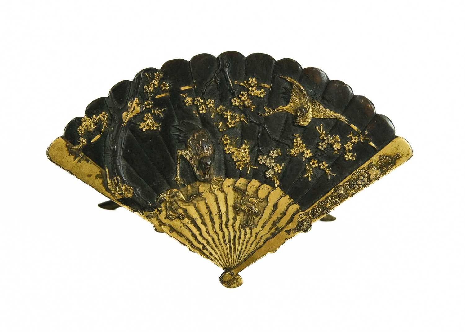 A Japanese Shakudo mixed alloy fan shaped menu holder, Meiji period.