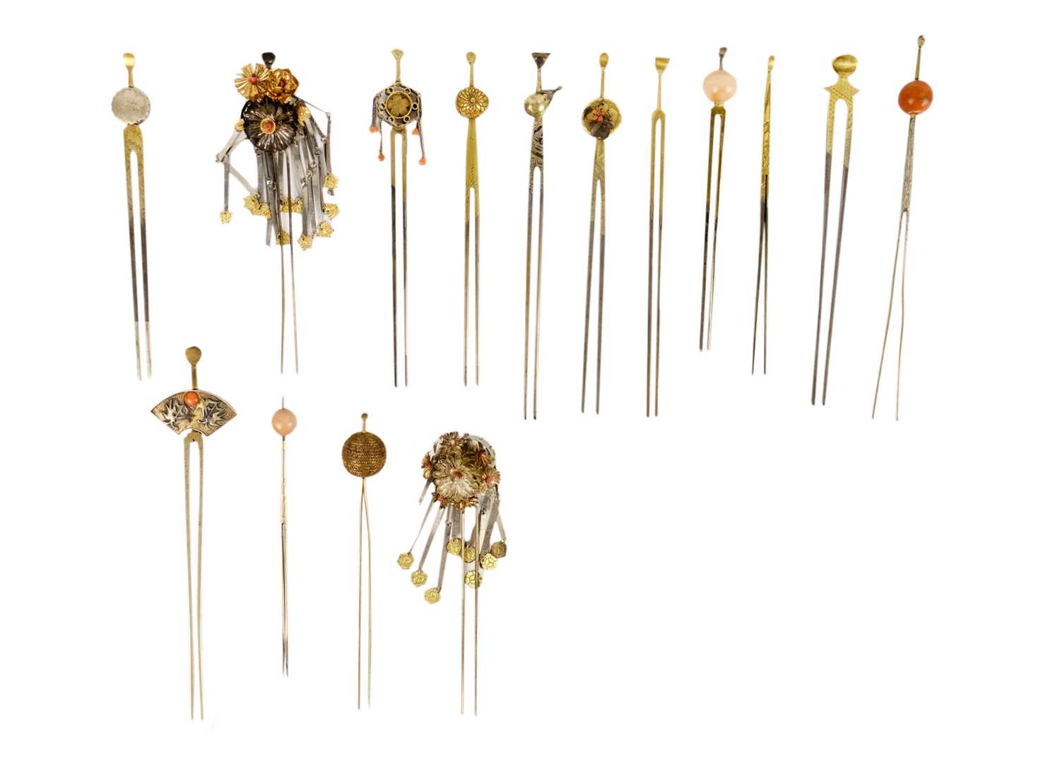 Fifteen various Japanese metal kanzashi, 19th/20th century.