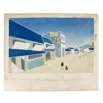 Japanese School, 'Figures on a beach with buildings', 20th century.