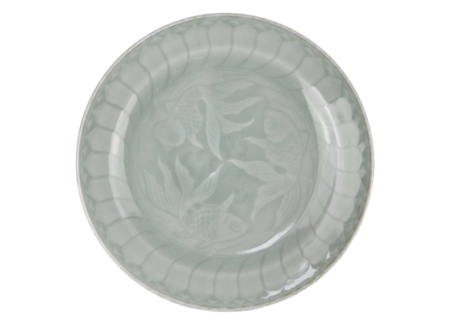 Six Chinese celadon fish decorated porcelain plates, 20th century. - Image 6 of 9