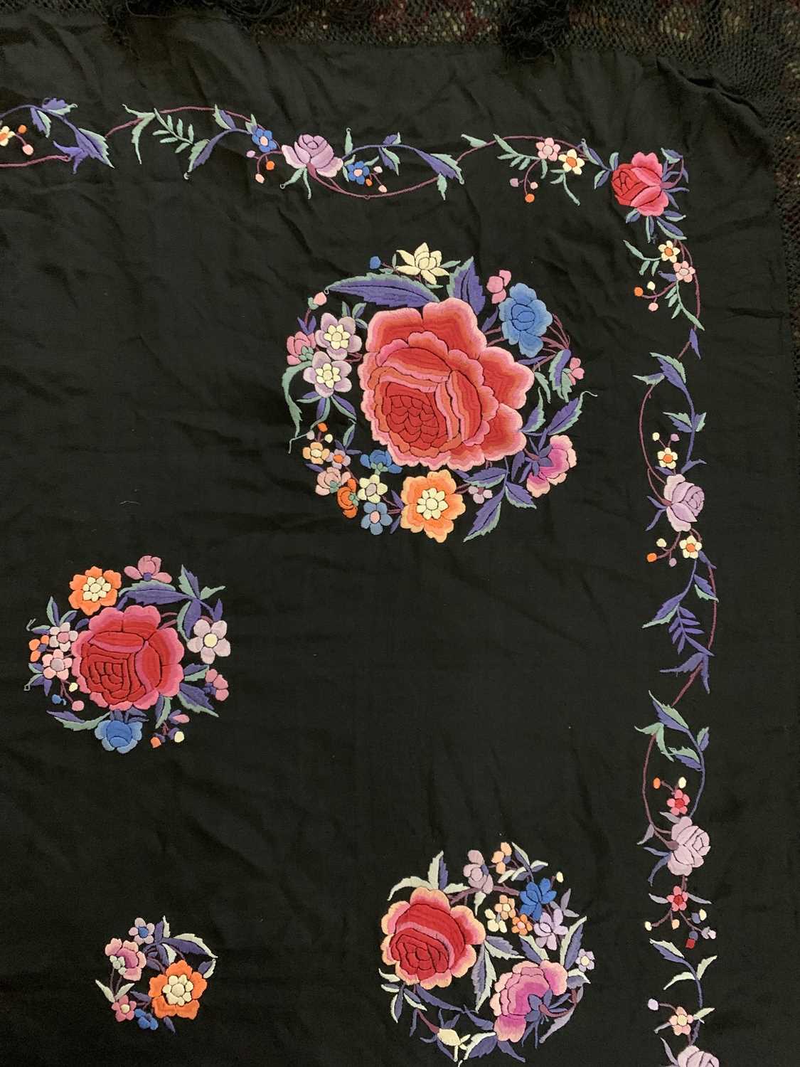 A Chinese embroidered black silk shawl, 20th century. - Image 11 of 12