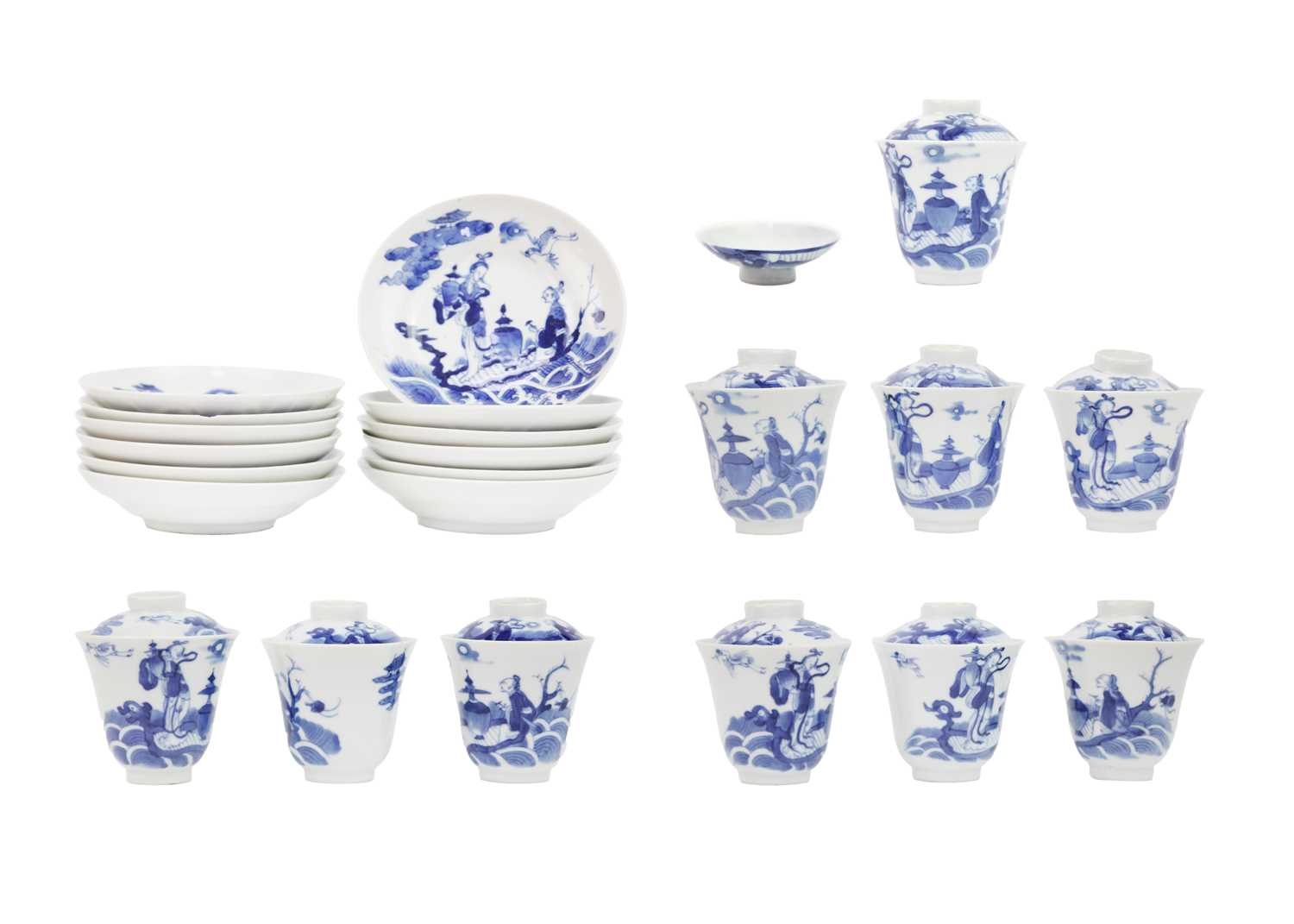 A set of Chinese blue and white porcelain cups, covers and stands, 18th century.