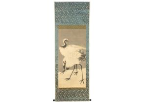 A Japanese painted scroll depicting cranes, circa 1900.