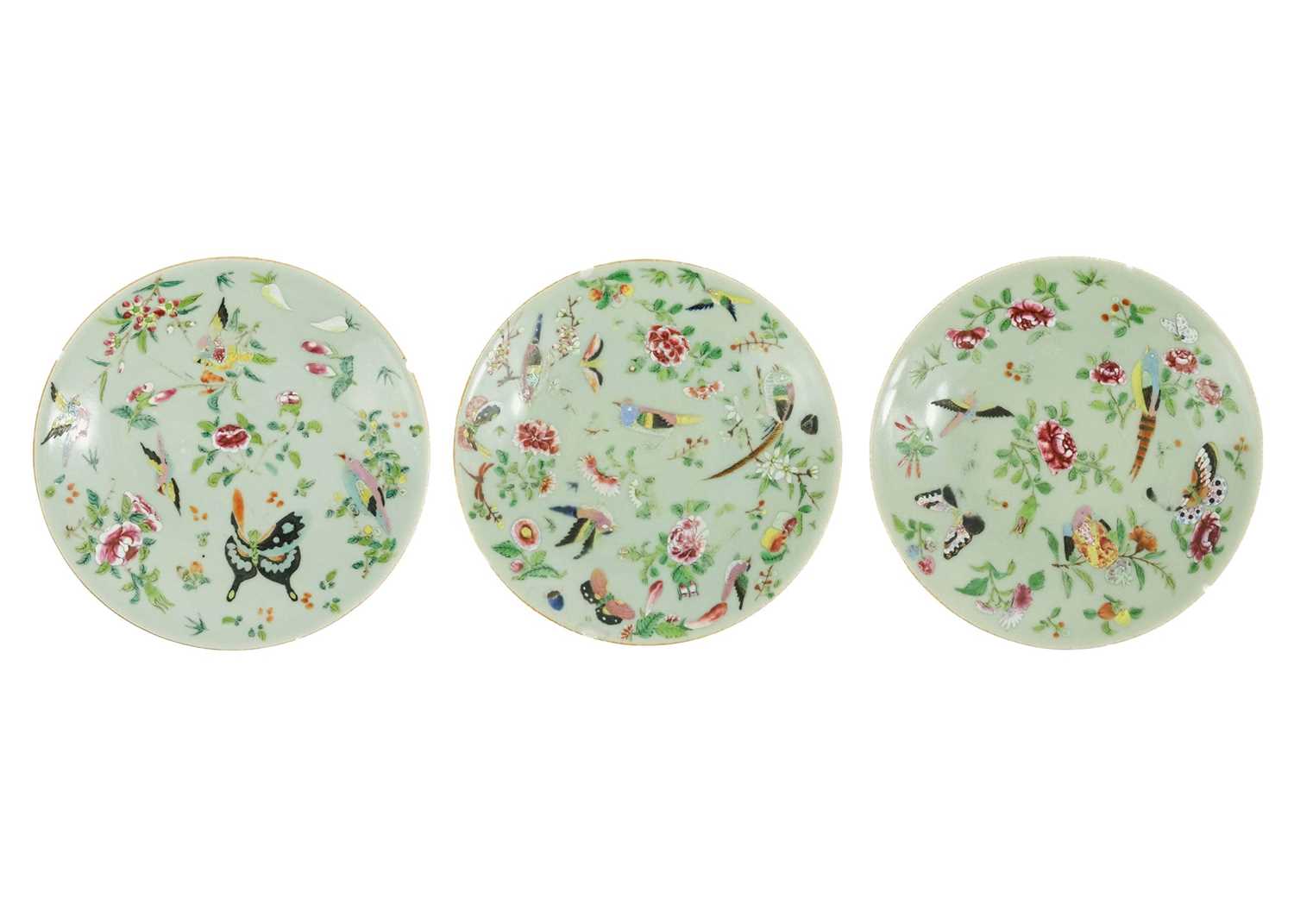 Three Chinese Canton celadon plates, 19th century.