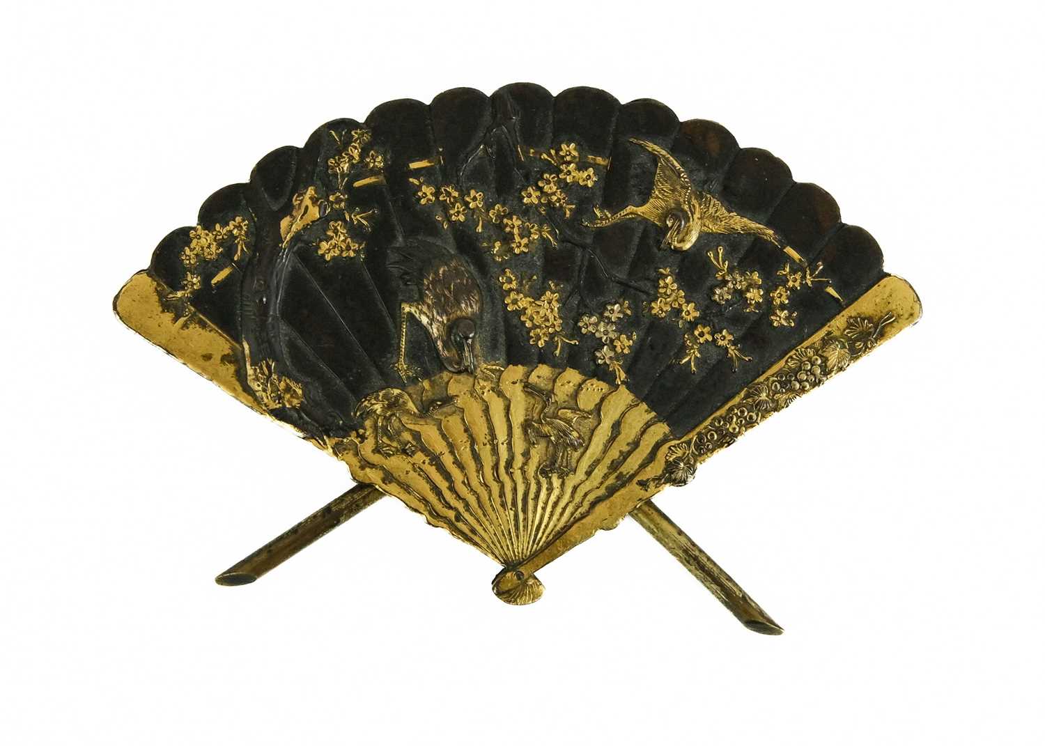 A Japanese Shakudo mixed alloy fan shaped menu holder, Meiji period. - Image 2 of 3