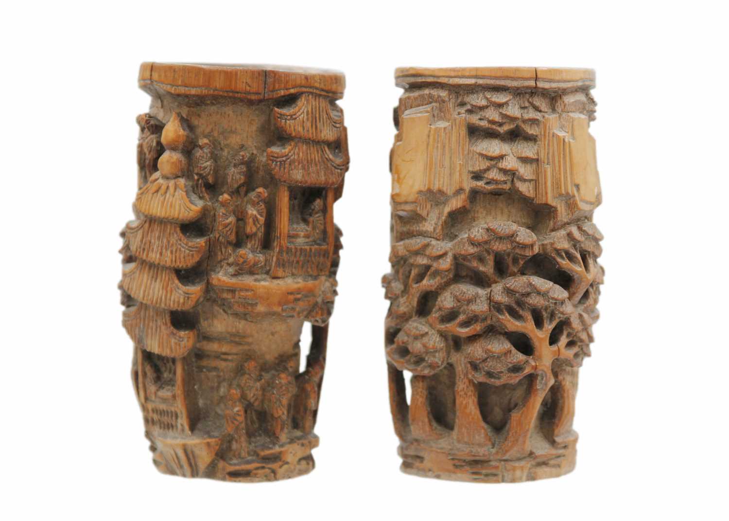 A pair of Chinese carved bamboo brush pots, Qing Dynasty, 19th century.