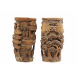 A pair of Chinese carved bamboo brush pots, Qing Dynasty, 19th century.