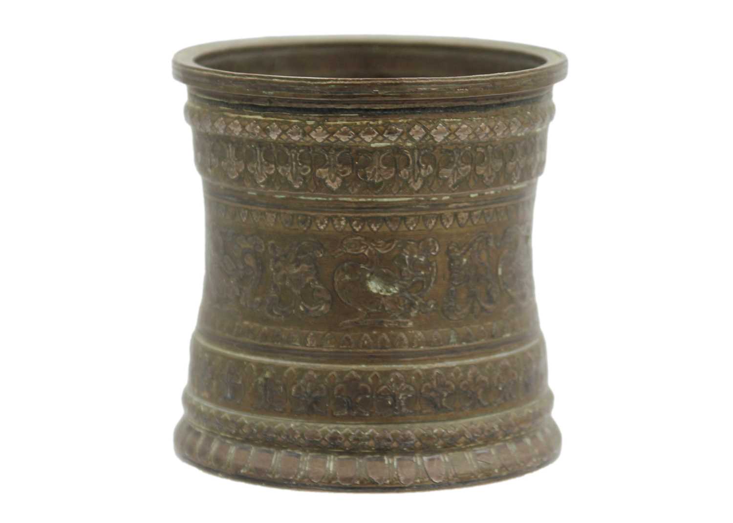 A Chinese bronze and silver overlaid brush pot, Qing Dynasty, 18th century.