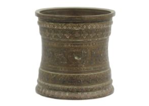 A Chinese bronze and silver overlaid brush pot, Qing Dynasty, 18th century.