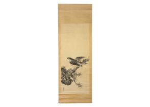A Japanese painted scroll depicting a hawk, circa 1900.