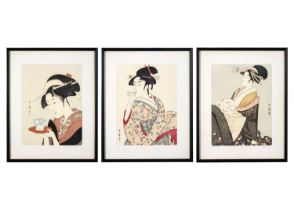 Three Japanese woodblock prints, 20th century.