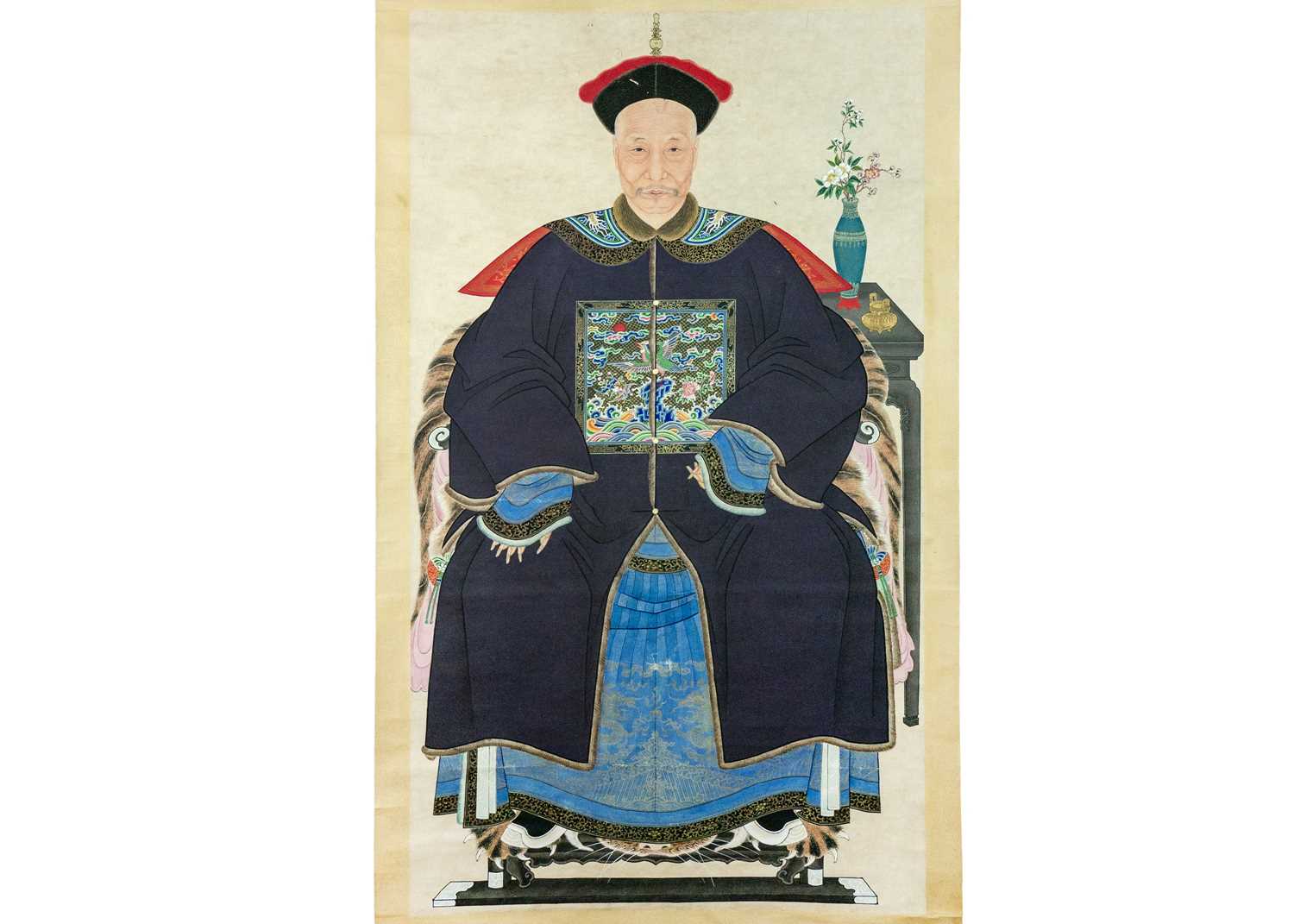 A large pair of Chinese ancestor portrait scroll paintings, late 19th/early 20th century. - Image 3 of 4
