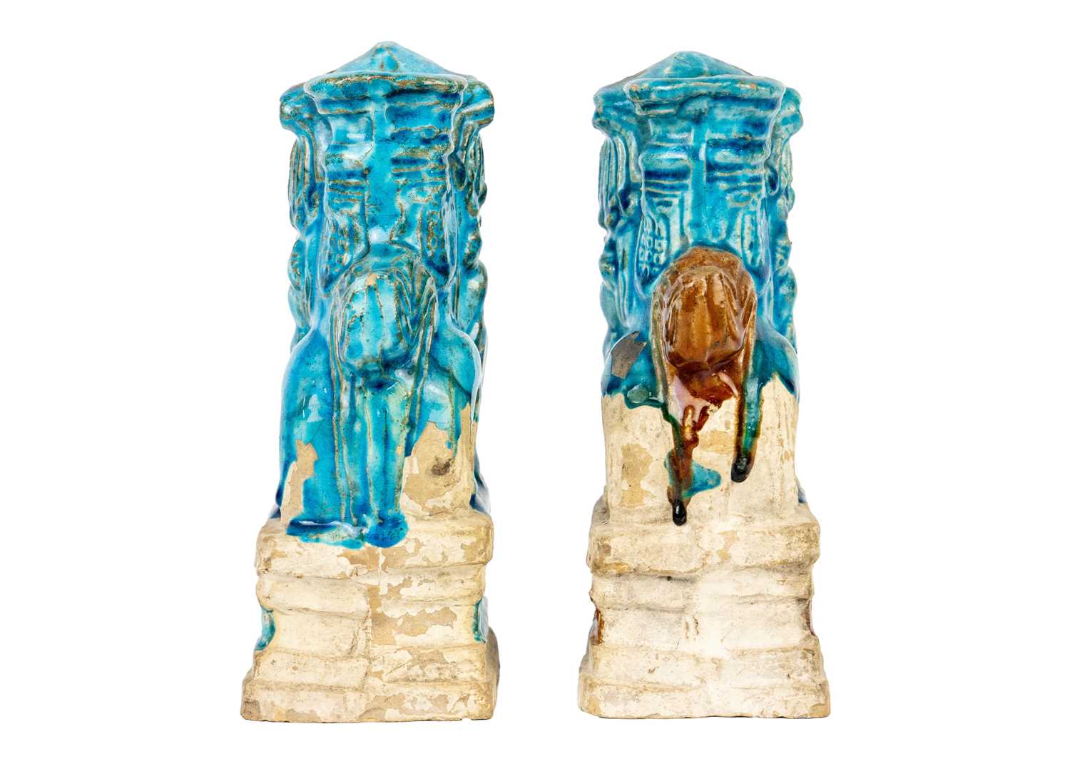 Two Chinese turquoise pottery dogs of fo joss stick holders, Ming Dynasty. - Image 4 of 6
