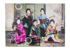 A Japanese print on canvas, depicting a trio of postcards.