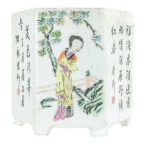 A Chinese famille rose porcelain hexagonal brush pot, late 19th century.