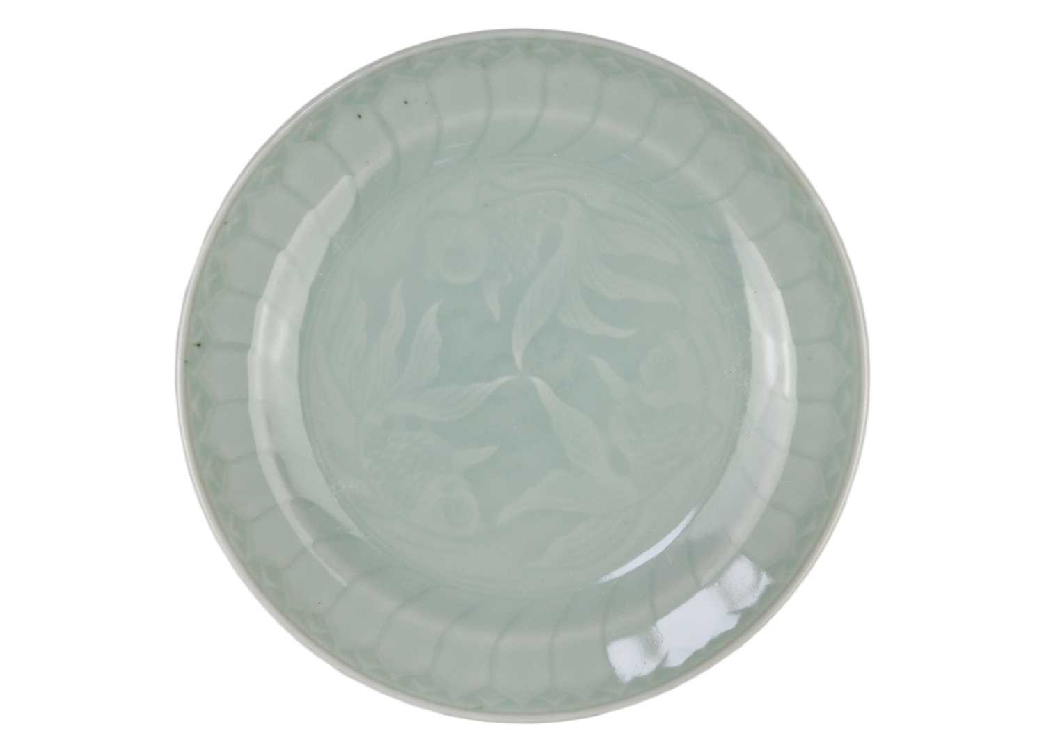 Six Chinese celadon fish decorated porcelain plates, 20th century. - Image 4 of 9