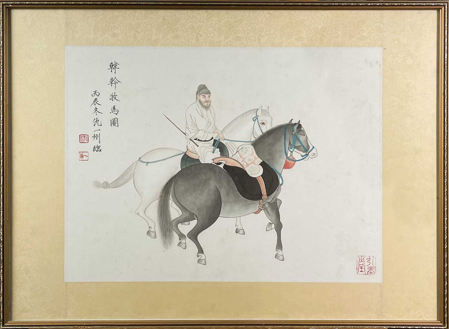 A Chinese watercolour 'Groom and Two Horses', by Chaw-i-Chou. (1920). - Image 2 of 9