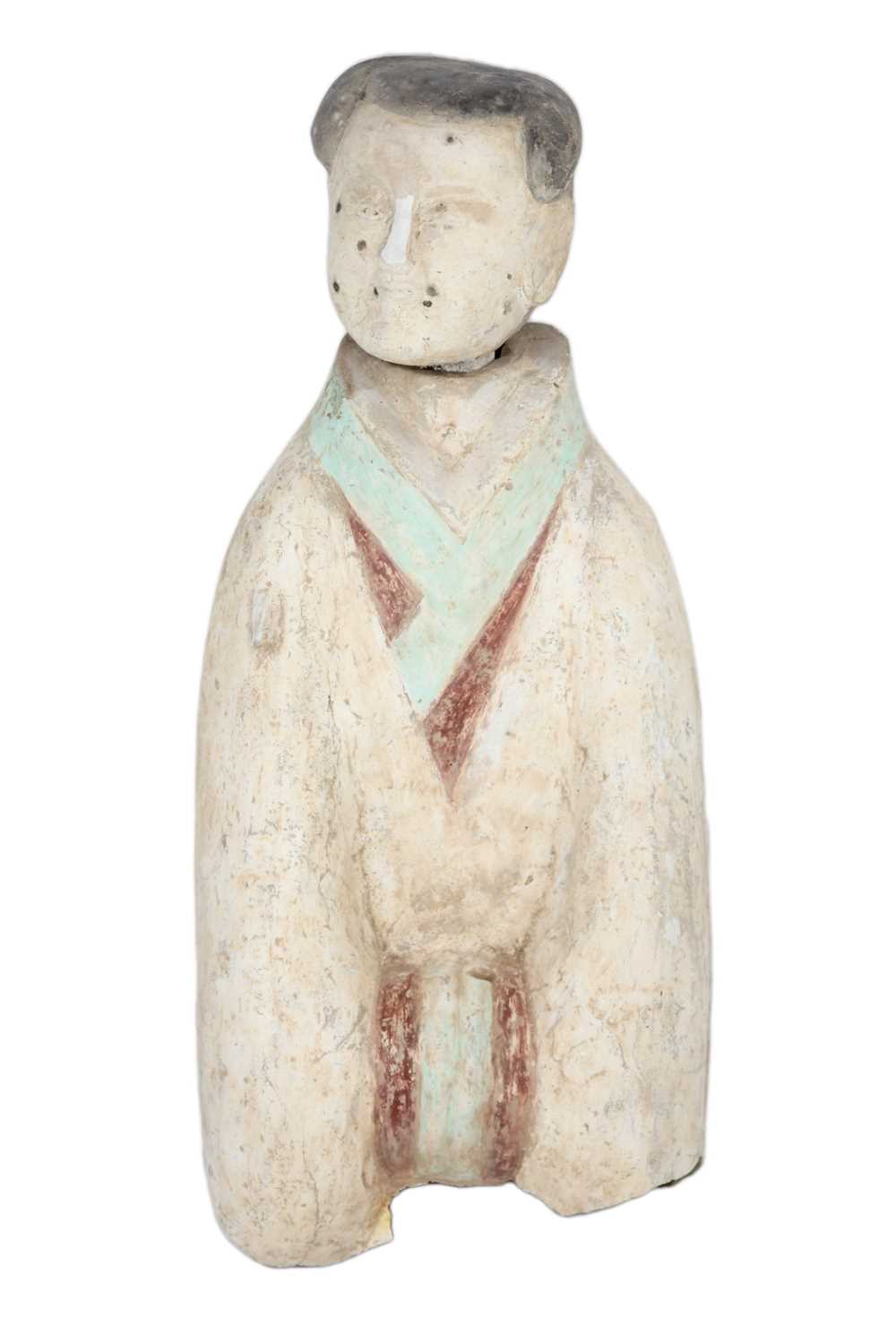 A Chinese painted pottery figure of an attendant, Western Han Dynasty.