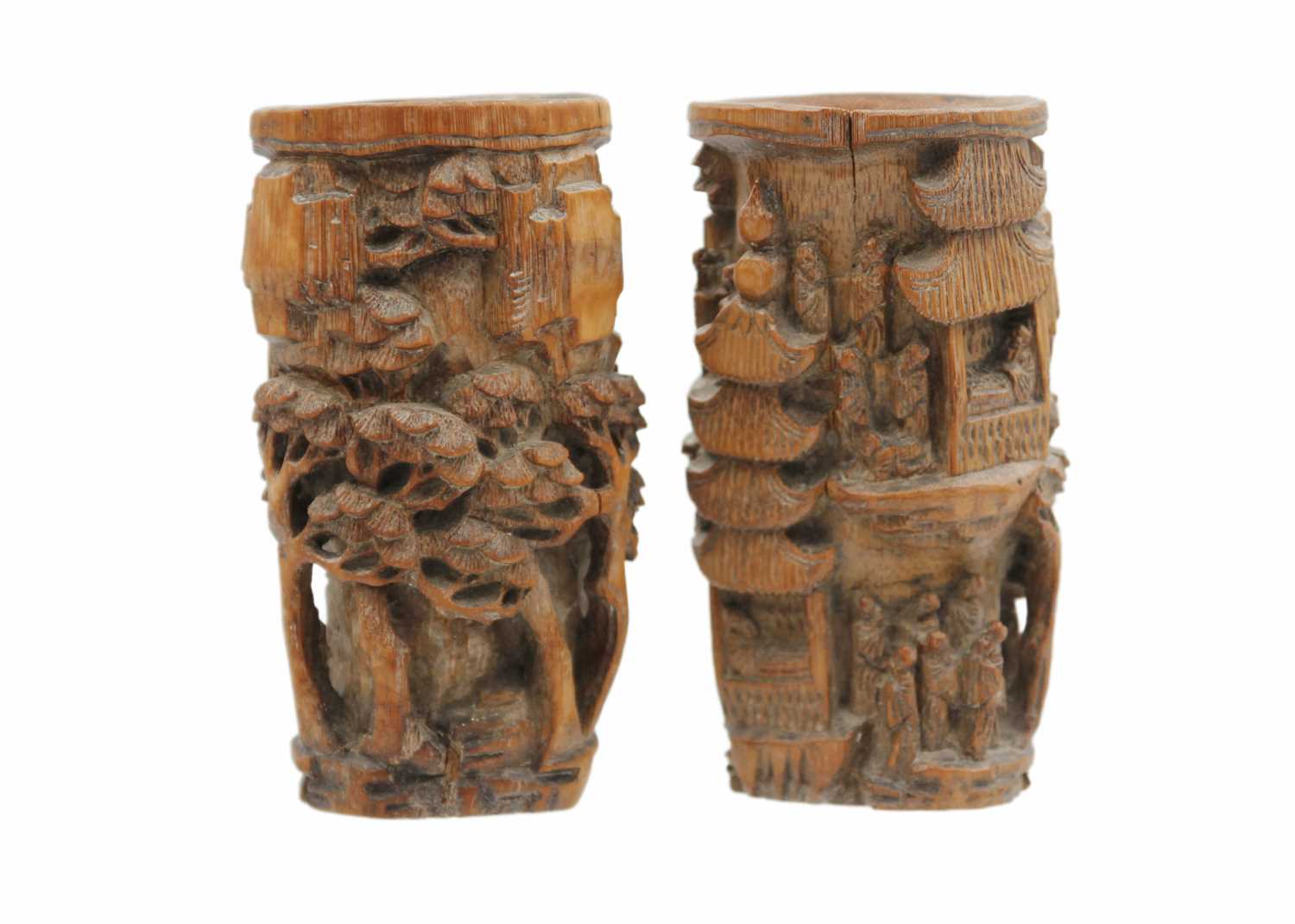 A pair of Chinese carved bamboo brush pots, Qing Dynasty, 19th century. - Image 2 of 4