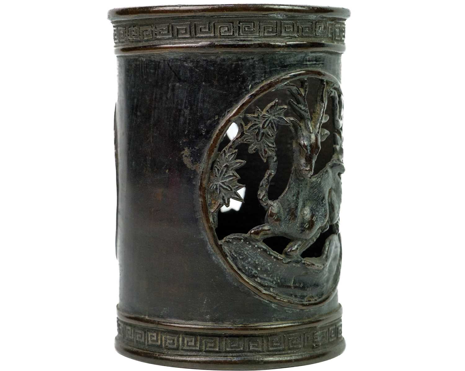 A Chinese bronze brush pot, bitong, Qing Dynasty.