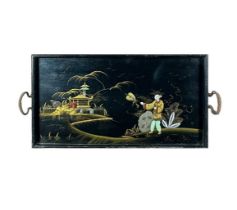 A chinoiserie decorated black painted wood tray, early 20th century.