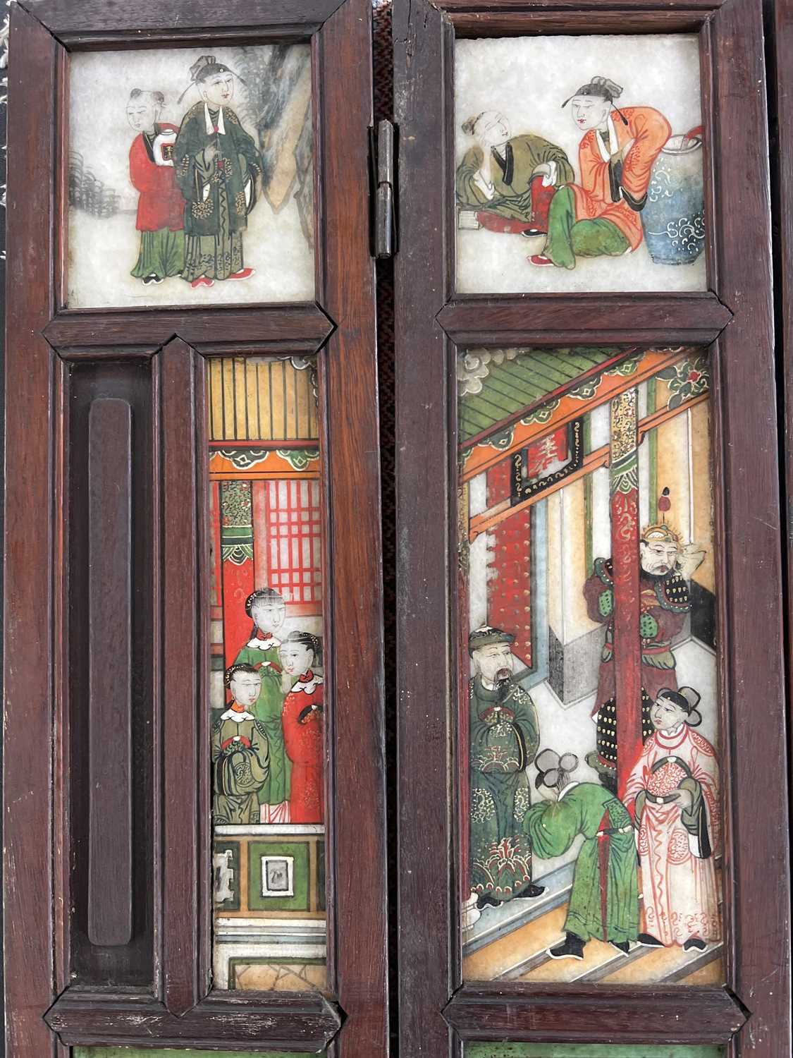A Chinese alabaster and hardwood seven paneled screen, Qing Dynasty, late 19th century. - Image 5 of 16