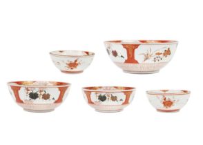Five Japanese Kutani bowls, signed, late Meiji period.