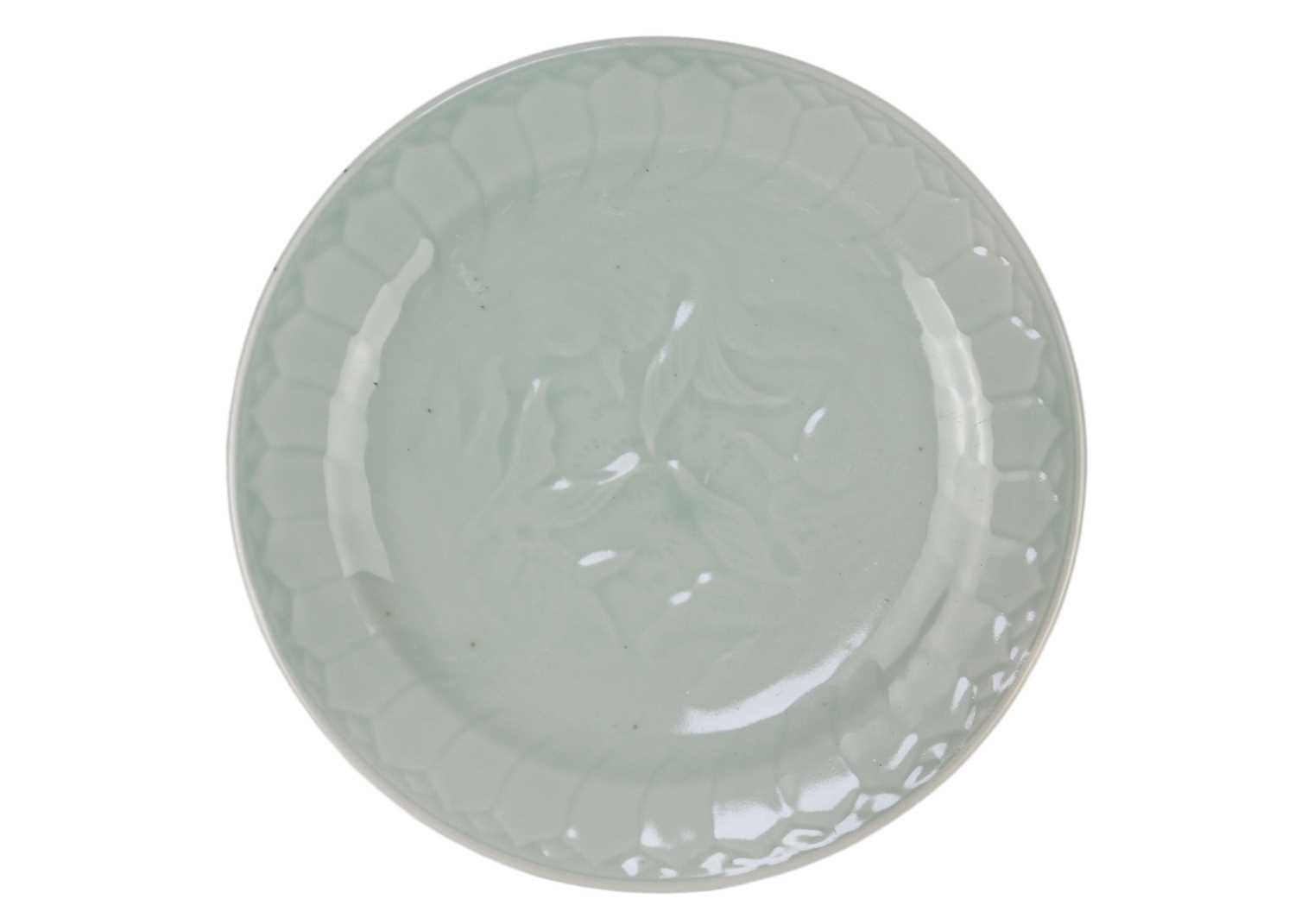 Six Chinese celadon fish decorated porcelain plates, 20th century. - Image 3 of 9