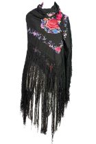 A Chinese embroidered black silk shawl, 20th century.