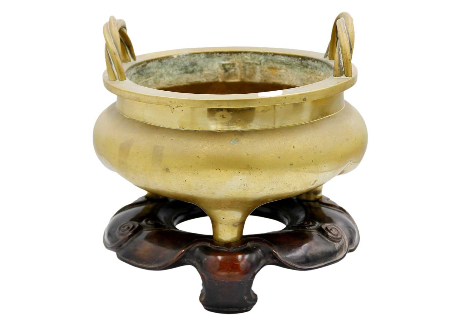 A large Chinese bronze twin-handled tripod censer on stand, Qing Dynasty. - Image 2 of 29