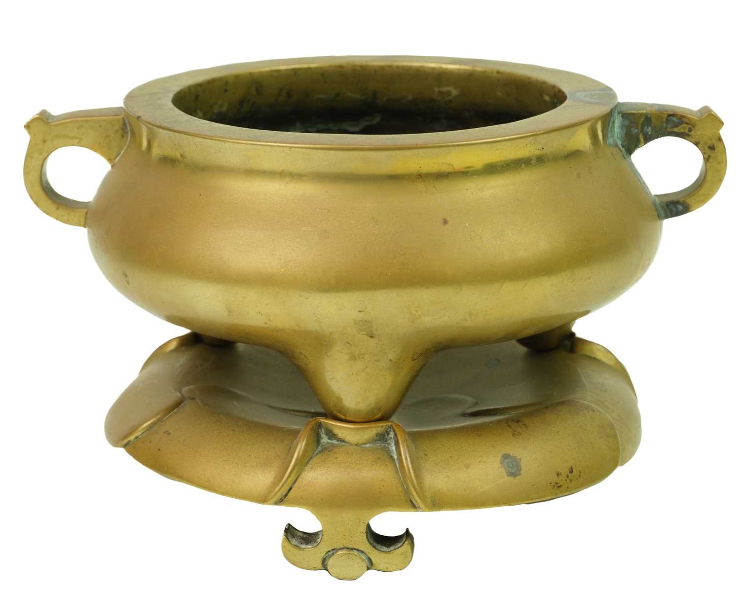 A Chinese polished bronze censer on stand, Qing Dynasty.