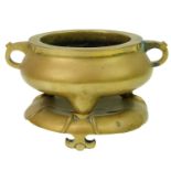A Chinese polished bronze censer on stand, Qing Dynasty.