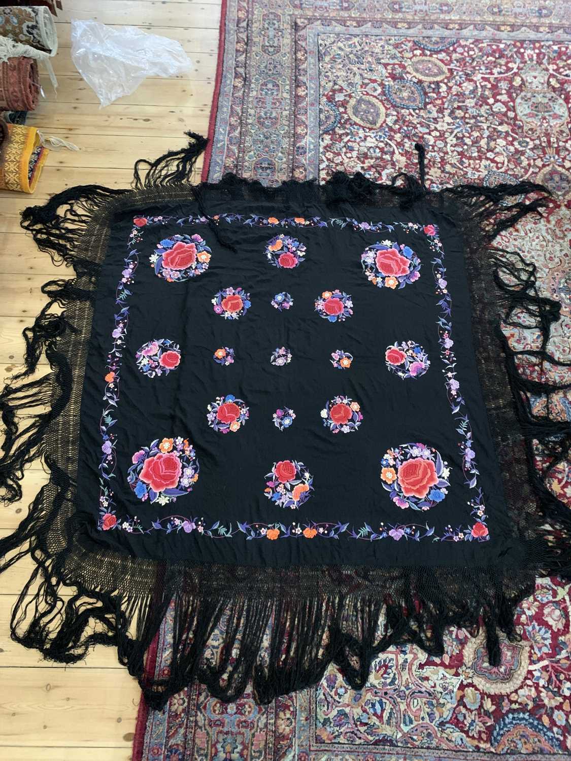 A Chinese embroidered black silk shawl, 20th century. - Image 5 of 12