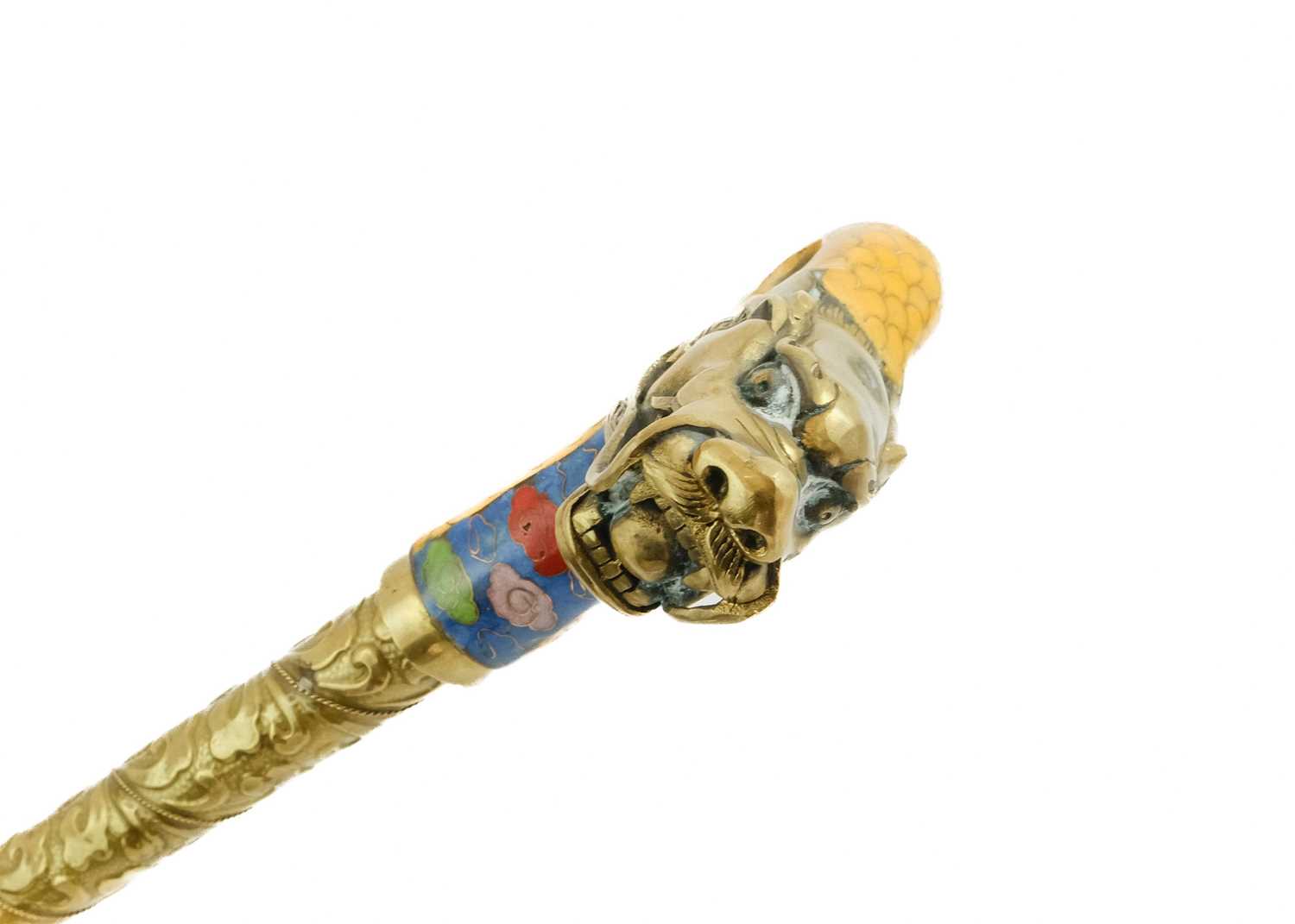 A Chinese cloisonne & brass walking cane handle, early 20th century. - Image 4 of 7