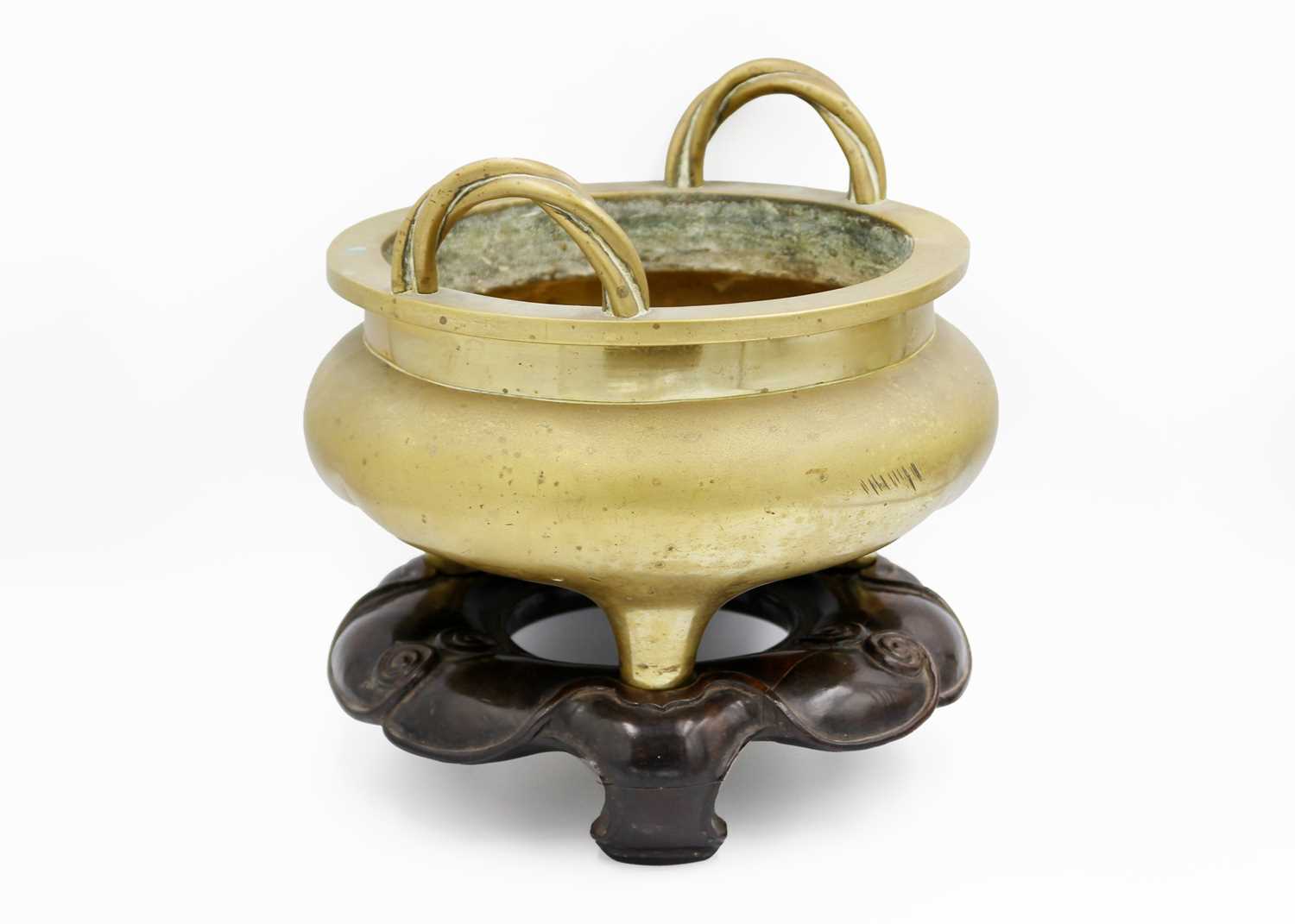 A large Chinese bronze twin-handled tripod censer on stand, Qing Dynasty. - Image 3 of 29