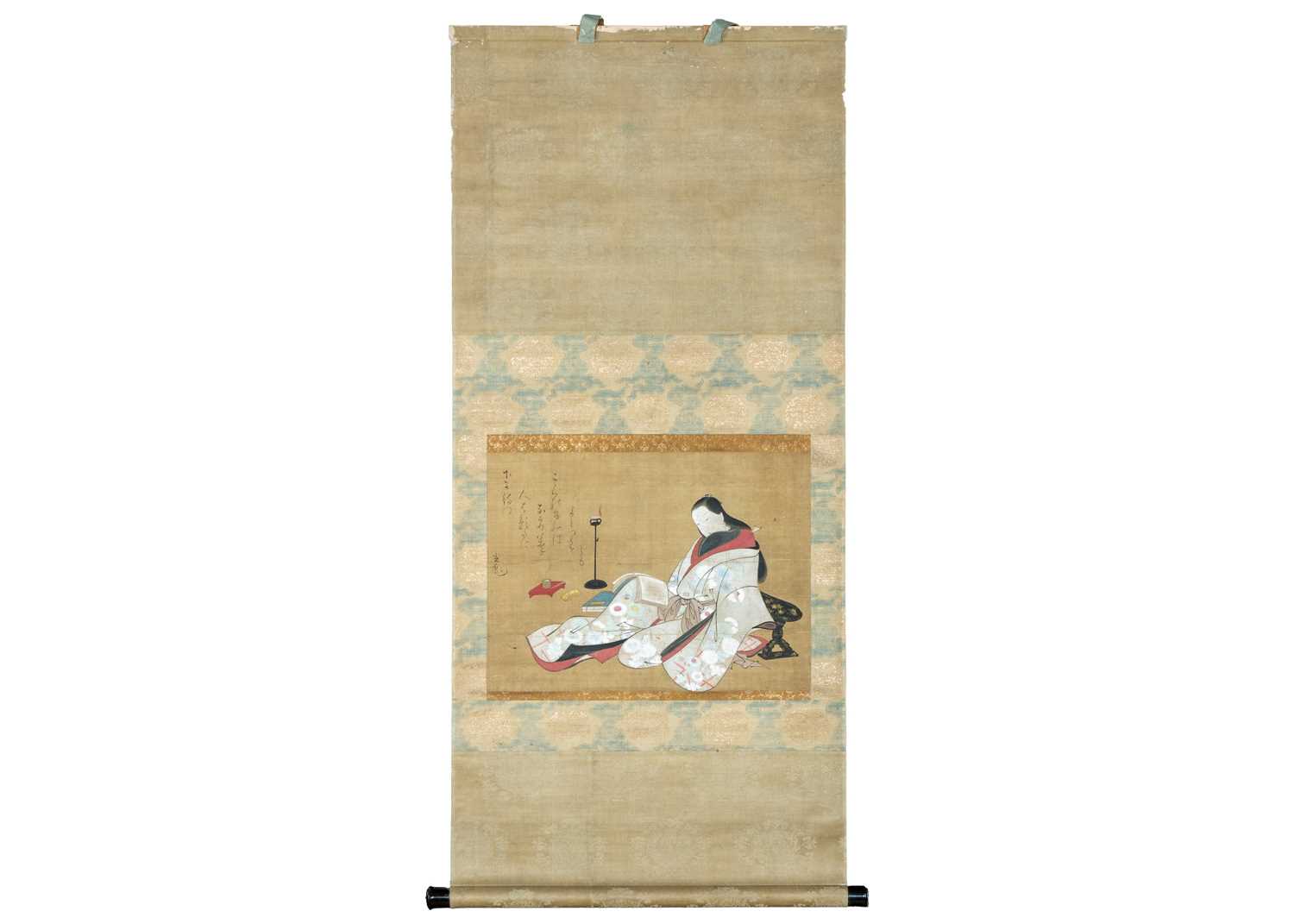 A Japanese painted scroll depicting a geisha reading, 19th century.