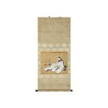 A Japanese painted scroll depicting a geisha reading, 19th century.