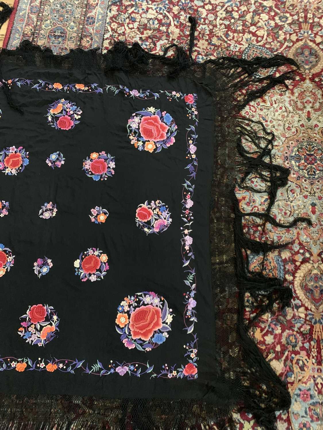 A Chinese embroidered black silk shawl, 20th century. - Image 6 of 12