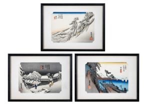 Three Japanese woodblock prints, 20th century.