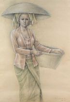 I. Wayan LOTRA (XX-XXI) Pastel on paper, signed. Balinese girl